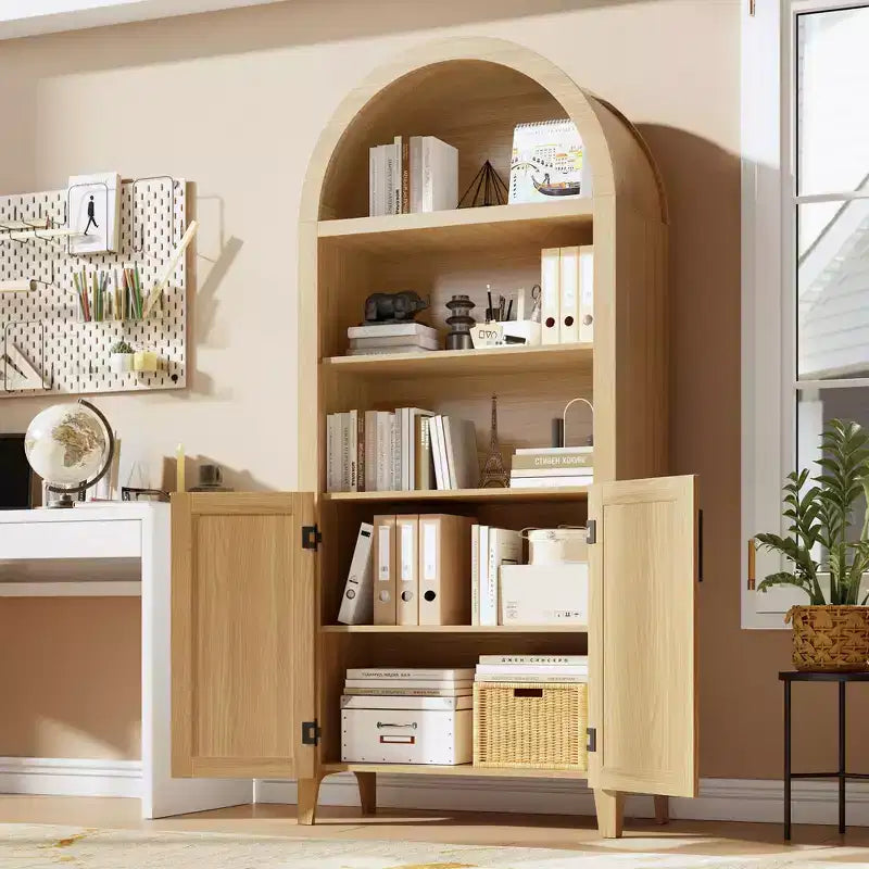 Arched Cabinet Bookshelf Black Arch Bookcase with Doors, Wooden Curved Book Case 5-Tier Tall Round Top Bookshelves for Living Room