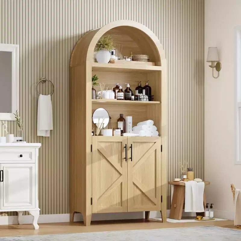 Arched Cabinet Bookshelf Black Arch Bookcase with Doors, Wooden Curved Book Case 5-Tier Tall Round Top Bookshelves for Living Room