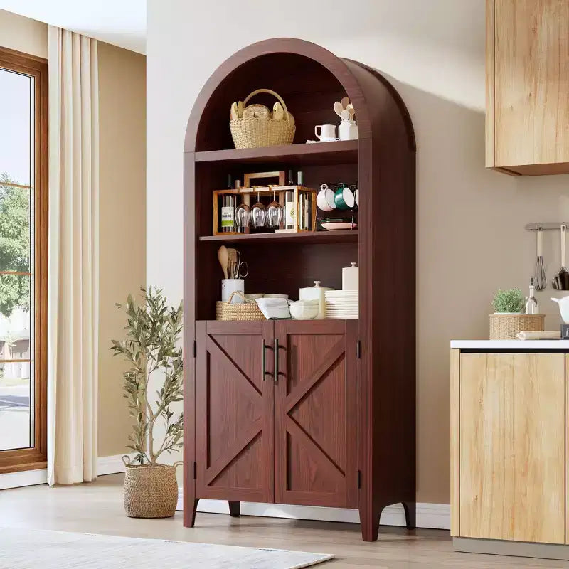 Arched Cabinet Bookshelf Black Arch Bookcase with Doors, Wooden Curved Book Case 5-Tier Tall Round Top Bookshelves for Living Room