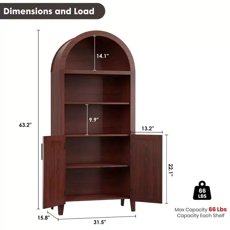 Arched Cabinet Bookshelf Black Arch Bookcase with Doors, Wooden Curved Book Case 5-Tier Tall Round Top Bookshelves for Living Room