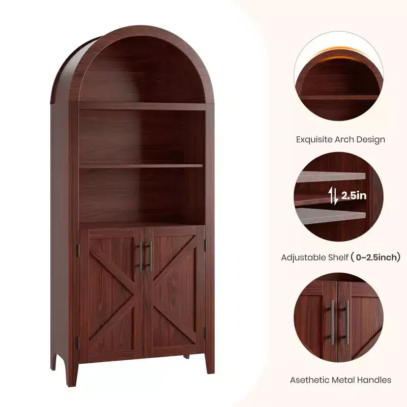 Arched Cabinet Bookshelf Black Arch Bookcase with Doors, Wooden Curved Book Case 5-Tier Tall Round Top Bookshelves for Living Room