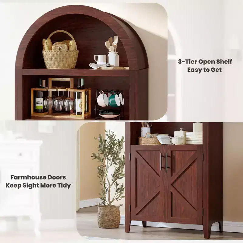 Arched Cabinet Bookshelf Black Arch Bookcase with Doors, Wooden Curved Book Case 5-Tier Tall Round Top Bookshelves for Living Room