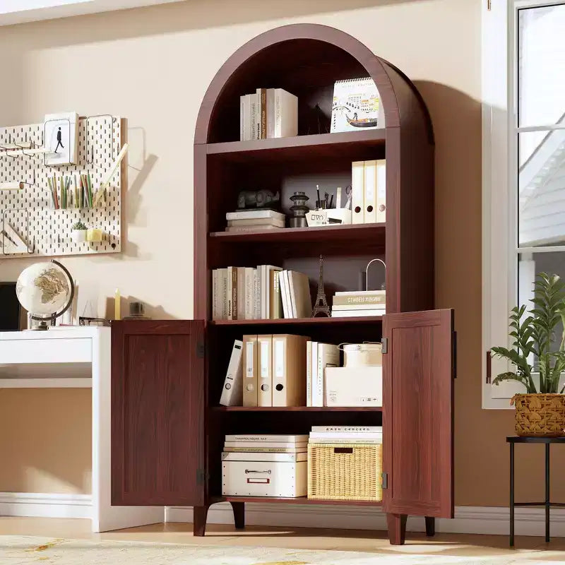 Arched Cabinet Bookshelf Black Arch Bookcase with Doors, Wooden Curved Book Case 5-Tier Tall Round Top Bookshelves for Living Room