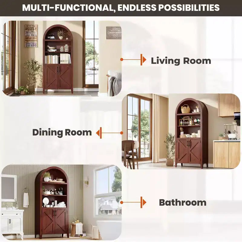 Arched Cabinet Bookshelf Black Arch Bookcase with Doors, Wooden Curved Book Case 5-Tier Tall Round Top Bookshelves for Living Room