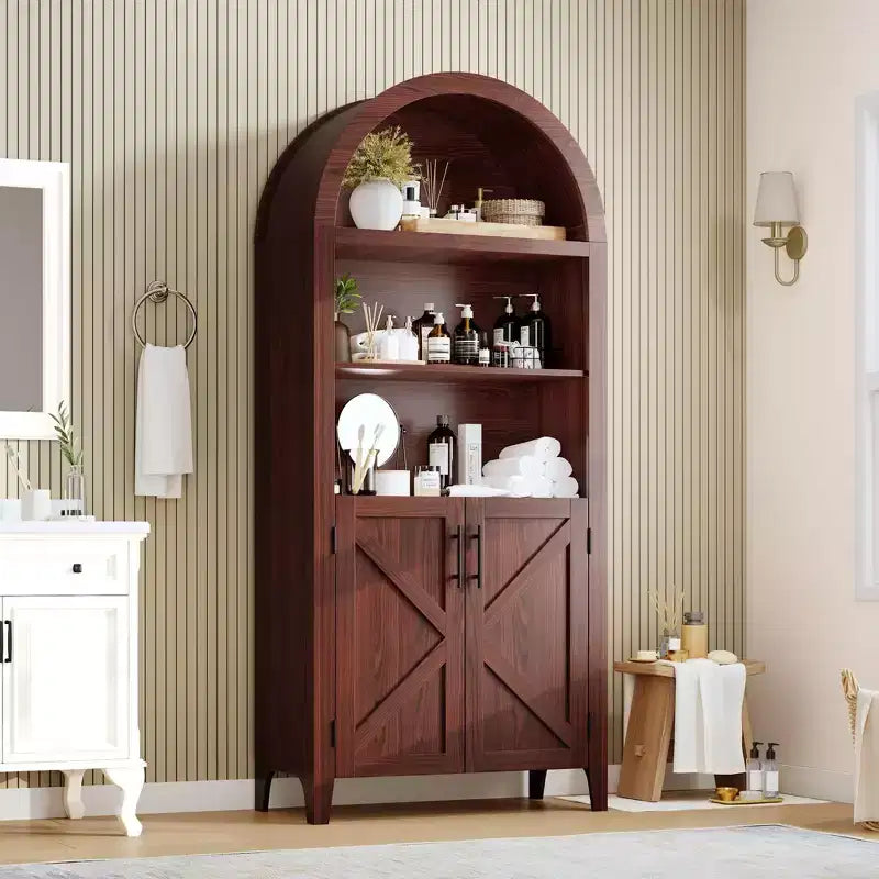 Arched Cabinet Bookshelf Black Arch Bookcase with Doors, Wooden Curved Book Case 5-Tier Tall Round Top Bookshelves for Living Room