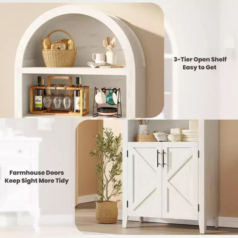 Arched Cabinet Bookshelf Black Arch Bookcase with Doors, Wooden Curved Book Case 5-Tier Tall Round Top Bookshelves for Living Room