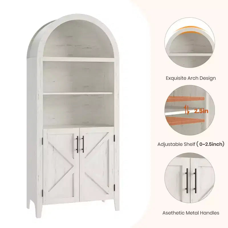 Arched Cabinet Bookshelf Black Arch Bookcase with Doors, Wooden Curved Book Case 5-Tier Tall Round Top Bookshelves for Living Room