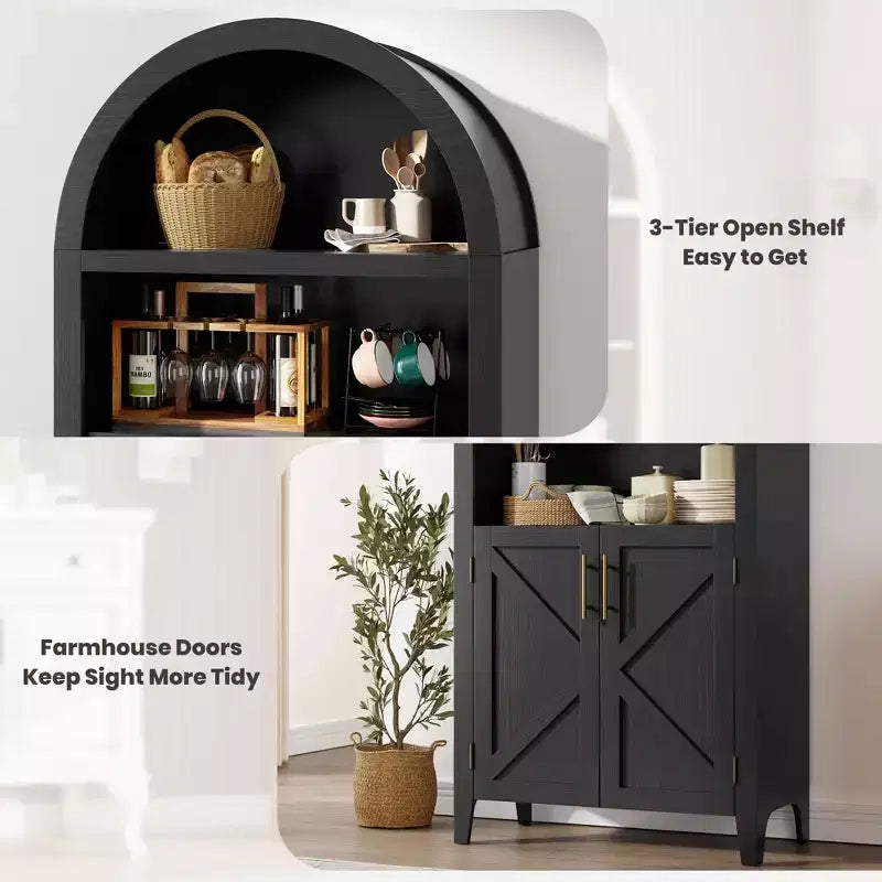 Arched Cabinet Bookshelf Black Arch Bookcase with Doors, Wooden Curved Book Case 5-Tier Tall Round Top Bookshelves for Living Room