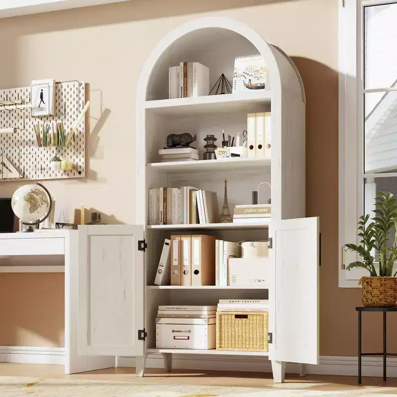 Arched Cabinet Bookshelf Black Arch Bookcase with Doors, Wooden Curved Book Case 5-Tier Tall Round Top Bookshelves for Living Room