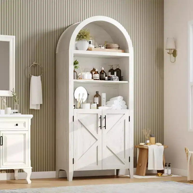 Arched Cabinet Bookshelf Black Arch Bookcase with Doors, Wooden Curved Book Case 5-Tier Tall Round Top Bookshelves for Living Room