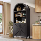 Arched Cabinet Bookshelf Black Arch Bookcase with Doors, Wooden Curved Book Case 5-Tier Tall Round Top Bookshelves for Living Room