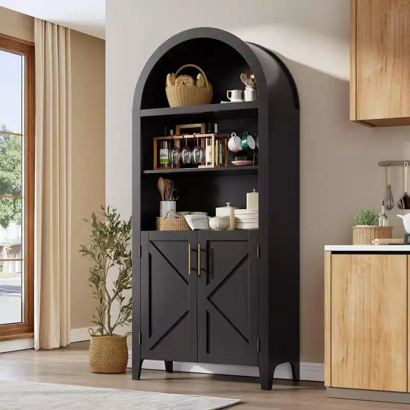 Arched Cabinet Bookshelf Black Arch Bookcase with Doors, Wooden Curved Book Case 5-Tier Tall Round Top Bookshelves for Living Room