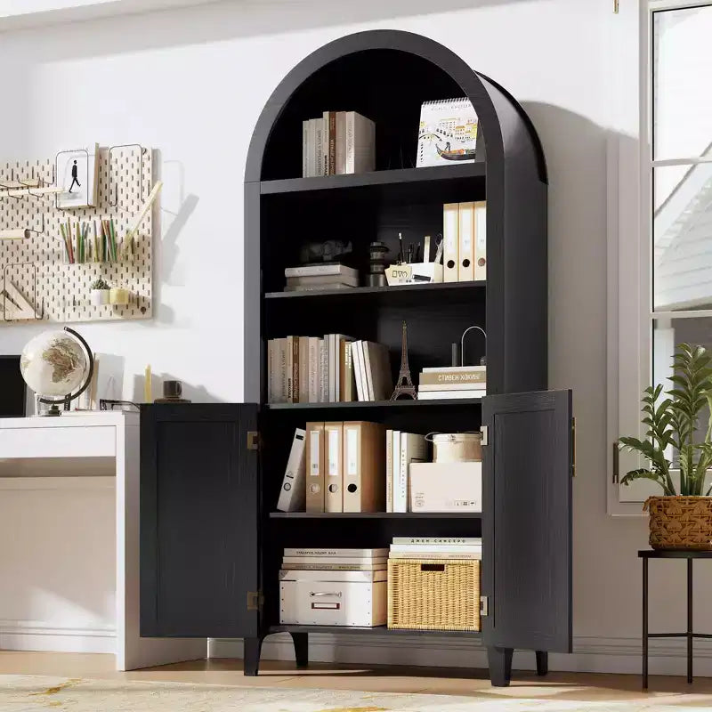Arched Cabinet Bookshelf Black Arch Bookcase with Doors, Wooden Curved Book Case 5-Tier Tall Round Top Bookshelves for Living Room
