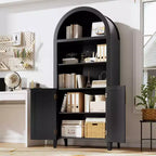 Arched Cabinet Bookshelf Black Arch Bookcase with Doors, Wooden Curved Book Case 5-Tier Tall Round Top Bookshelves for Living Room