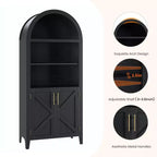 Arched Cabinet Bookshelf Black Arch Bookcase with Doors, Wooden Curved Book Case 5-Tier Tall Round Top Bookshelves for Living Room