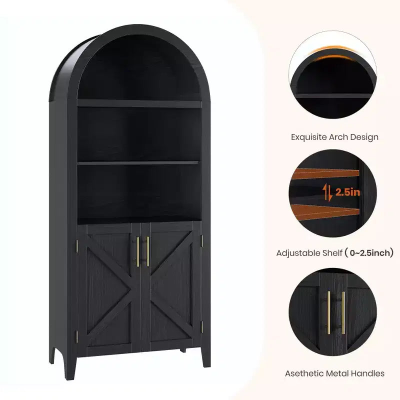 Arched Cabinet Bookshelf Black Arch Bookcase with Doors, Wooden Curved Book Case 5-Tier Tall Round Top Bookshelves for Living Room