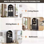 Arched Cabinet Bookshelf Black Arch Bookcase with Doors, Wooden Curved Book Case 5-Tier Tall Round Top Bookshelves for Living Room