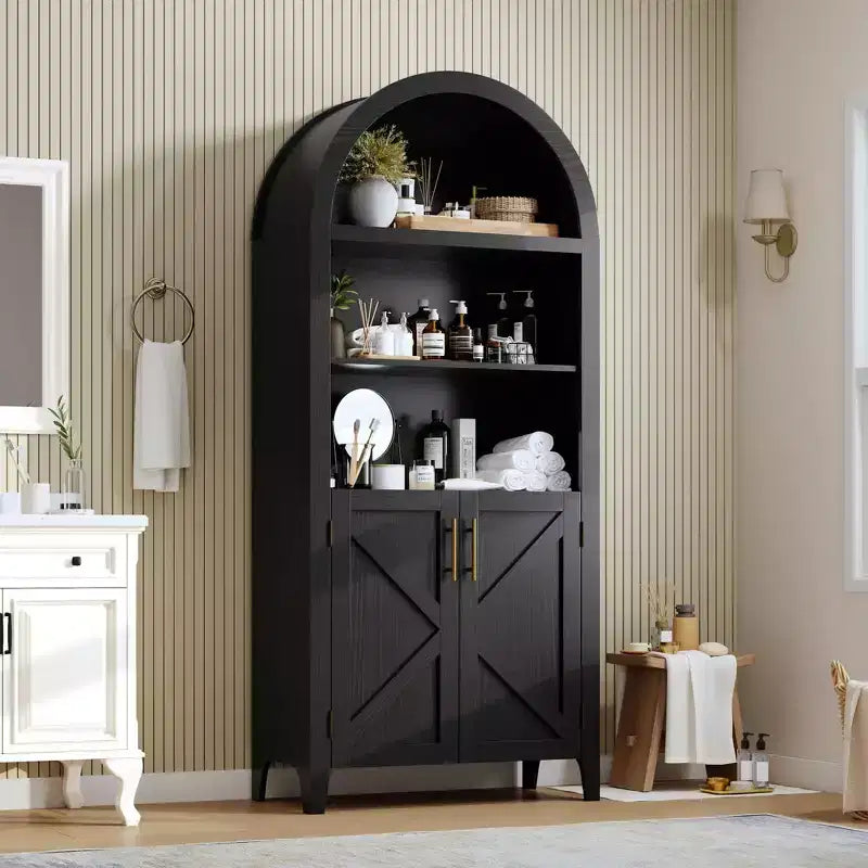 Arched Cabinet Bookshelf Black Arch Bookcase with Doors, Wooden Curved Book Case 5-Tier Tall Round Top Bookshelves for Living Room
