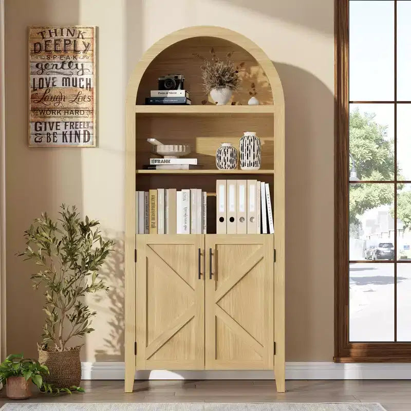 Arched Cabinet Bookshelf Black Arch Bookcase with Doors, Wooden Curved Book Case 5-Tier Tall Round Top Bookshelves for Living Room