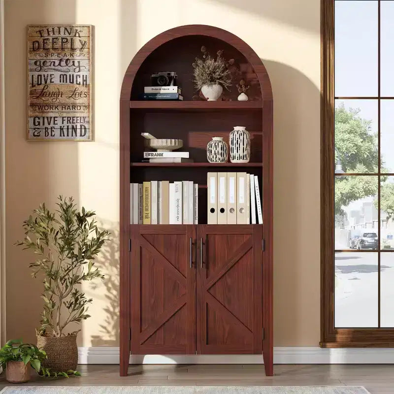 Arched Cabinet Bookshelf Black Arch Bookcase with Doors, Wooden Curved Book Case 5-Tier Tall Round Top Bookshelves for Living Room