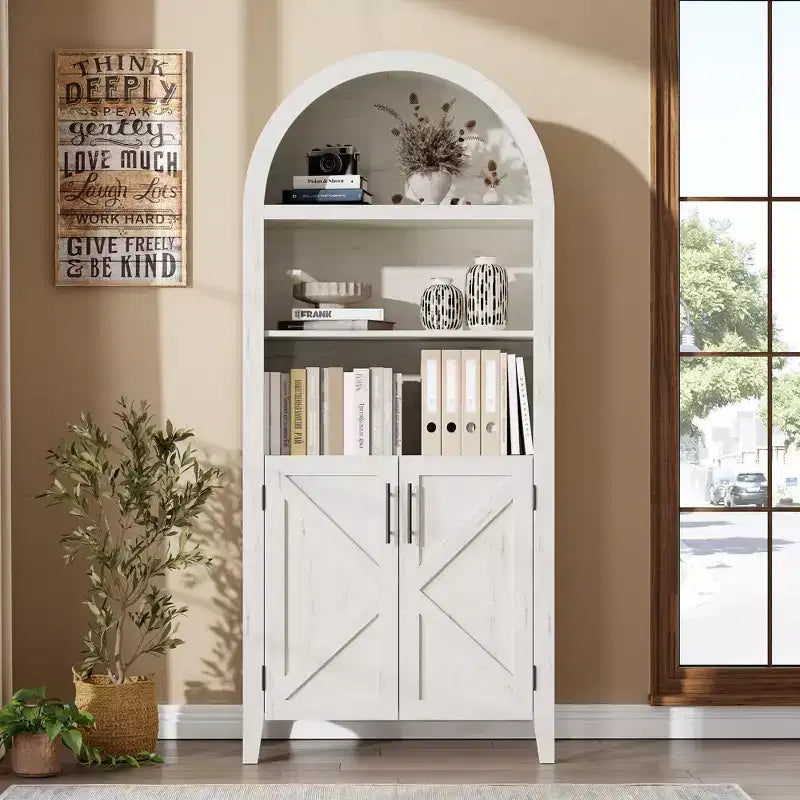Arched Cabinet Bookshelf Black Arch Bookcase with Doors, Wooden Curved Book Case 5-Tier Tall Round Top Bookshelves for Living Room