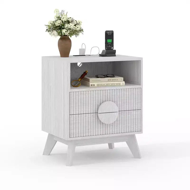 A 1/2-striped nightstand with a charging station, featuring 2 drawers, an open shelf, and legs, suitable for the bedroom, sofa area, and living room.