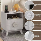 A 1/2-striped nightstand with a charging station, featuring 2 drawers, an open shelf, and legs, suitable for the bedroom, sofa area, and living room.