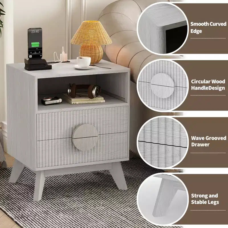 A 1/2-striped nightstand with a charging station, featuring 2 drawers, an open shelf, and legs, suitable for the bedroom, sofa area, and living room.