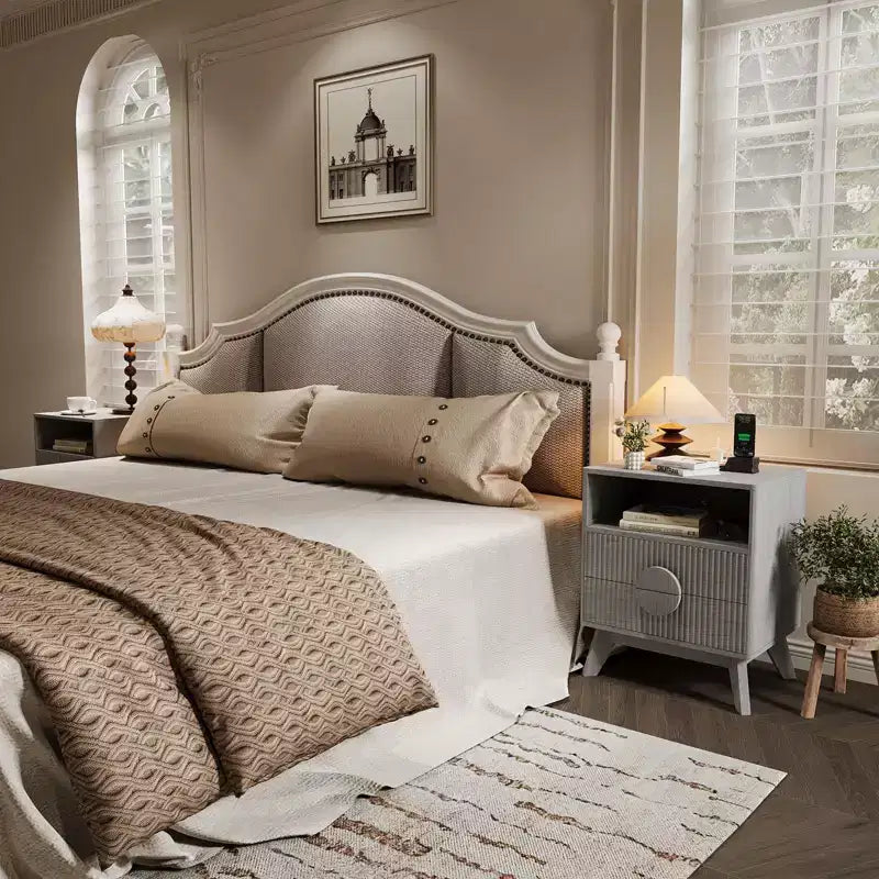 A 1/2-striped nightstand with a charging station, featuring 2 drawers, an open shelf, and legs, suitable for the bedroom, sofa area, and living room.