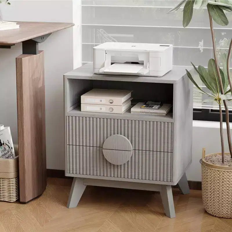 A 1/2-striped nightstand with a charging station, featuring 2 drawers, an open shelf, and legs, suitable for the bedroom, sofa area, and living room.