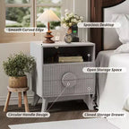 A 1/2-striped nightstand with a charging station, featuring 2 drawers, an open shelf, and legs, suitable for the bedroom, sofa area, and living room.