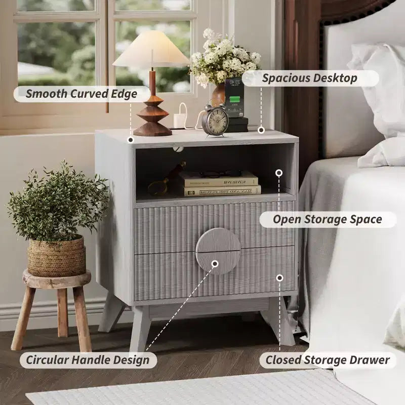 A 1/2-striped nightstand with a charging station, featuring 2 drawers, an open shelf, and legs, suitable for the bedroom, sofa area, and living room.