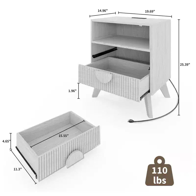 A 1/2-striped nightstand with a charging station, featuring 2 drawers, an open shelf, and legs, suitable for the bedroom, sofa area, and living room.