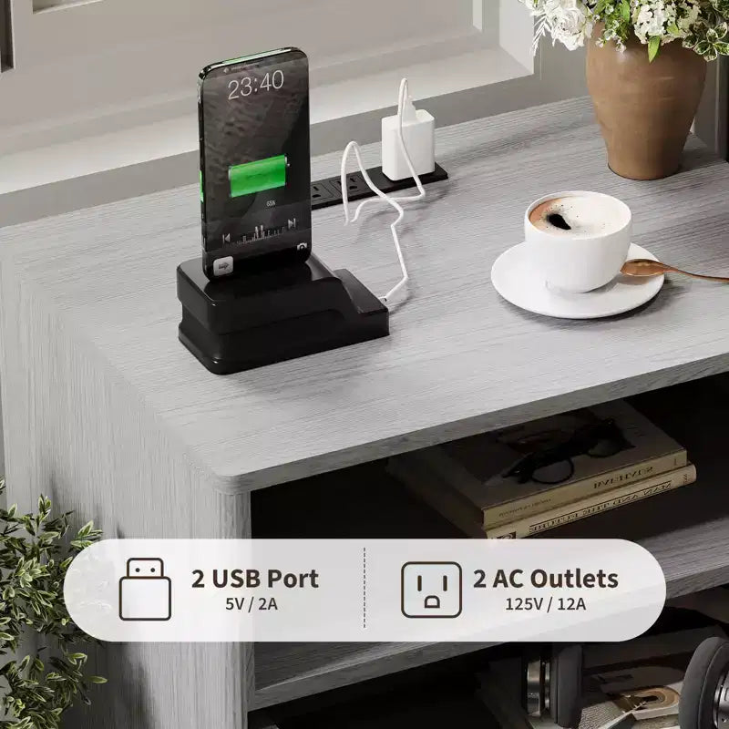 A 1/2-striped nightstand with a charging station, featuring 2 drawers, an open shelf, and legs, suitable for the bedroom, sofa area, and living room.