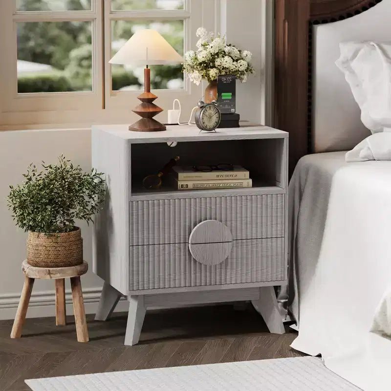 A 1/2-striped nightstand with a charging station, featuring 2 drawers, an open shelf, and legs, suitable for the bedroom, sofa area, and living room.