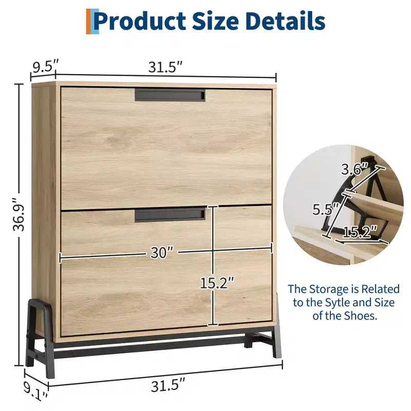 2-Drawer Flip-Down Shoe Cabinet - Hidden Storage Organizer with Adjustable Shelves for Entryway, Hallway, and Living Room
