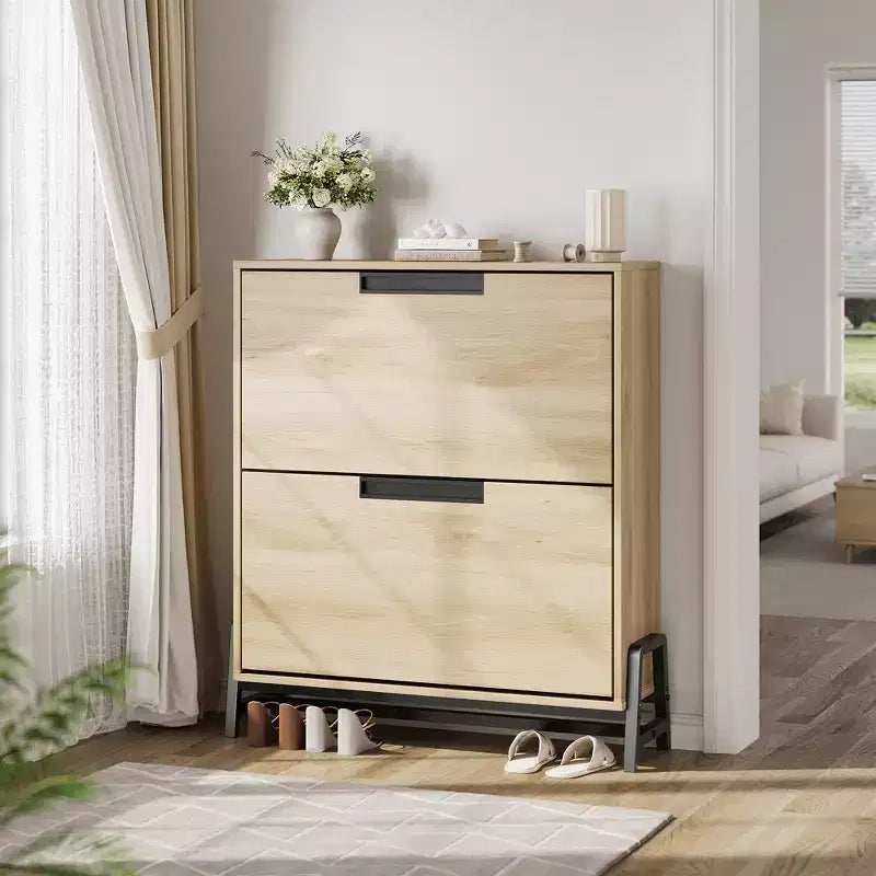 2-Drawer Flip-Down Shoe Cabinet - Hidden Storage Organizer with Adjustable Shelves for Entryway, Hallway, and Living Room
