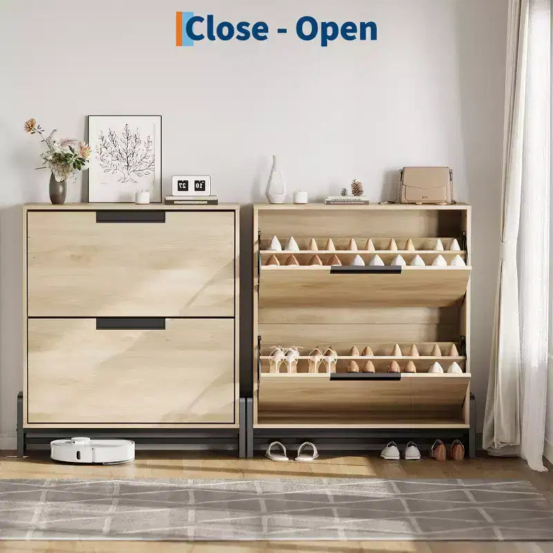2-Drawer Flip-Down Shoe Cabinet - Hidden Storage Organizer with Adjustable Shelves for Entryway, Hallway, and Living Room