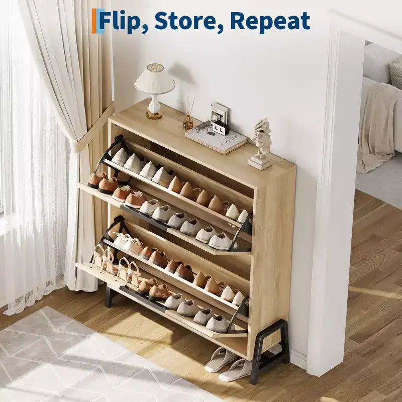 2-Drawer Flip-Down Shoe Cabinet - Hidden Storage Organizer with Adjustable Shelves for Entryway, Hallway, and Living Room