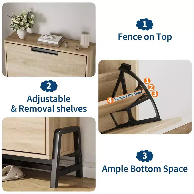 2-Drawer Flip-Down Shoe Cabinet - Hidden Storage Organizer with Adjustable Shelves for Entryway, Hallway, and Living Room