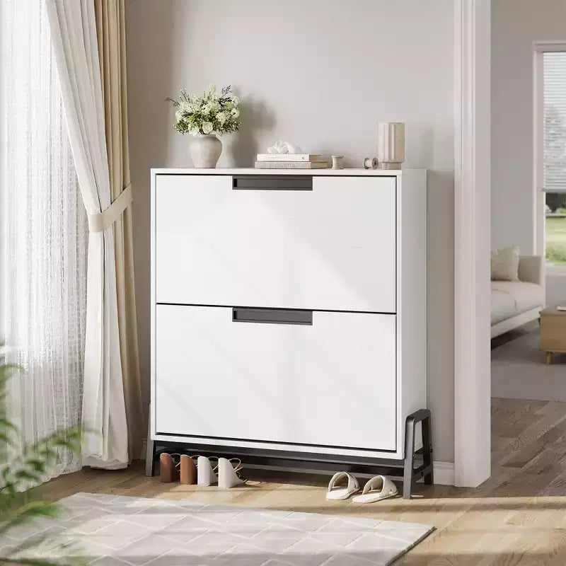 2-Drawer Flip-Down Shoe Cabinet - Hidden Storage Organizer with Adjustable Shelves for Entryway, Hallway, and Living Room