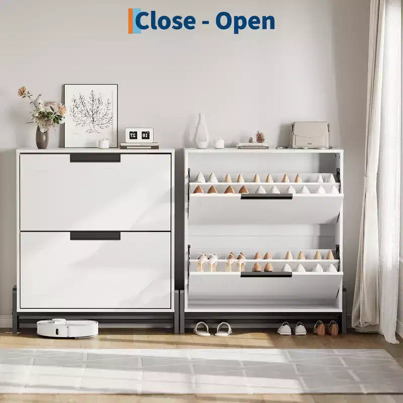 2-Drawer Flip-Down Shoe Cabinet - Hidden Storage Organizer with Adjustable Shelves for Entryway, Hallway, and Living Room