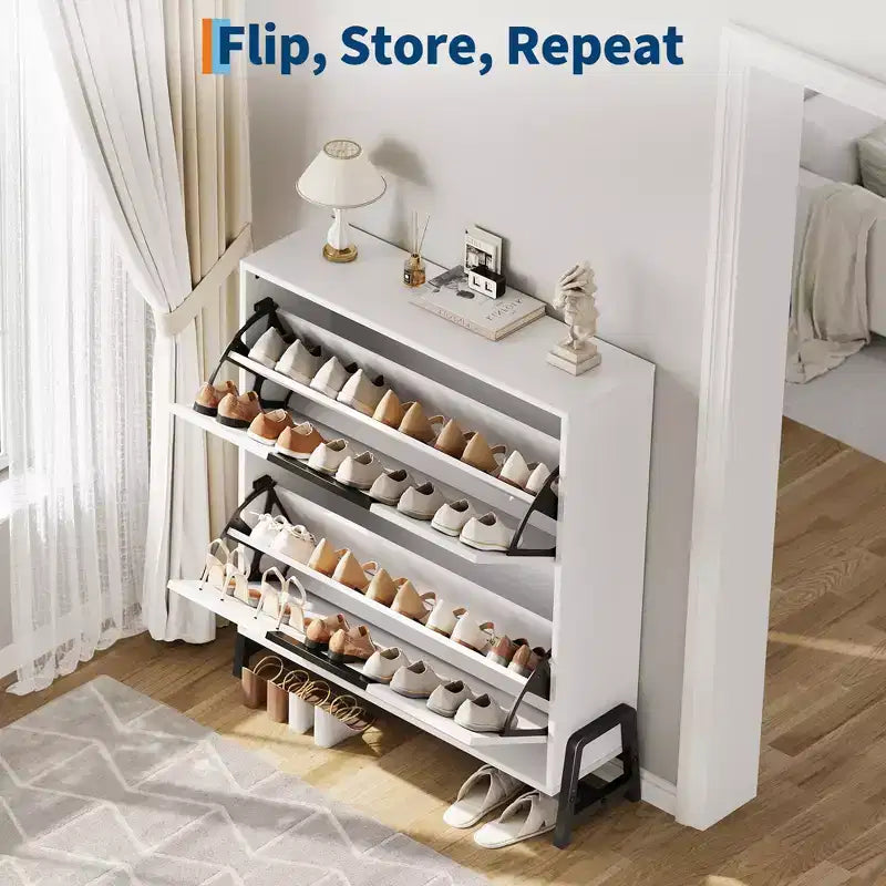 2-Drawer Flip-Down Shoe Cabinet - Hidden Storage Organizer with Adjustable Shelves for Entryway, Hallway, and Living Room