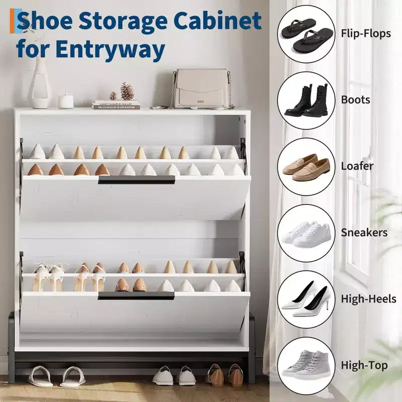 2-Drawer Flip-Down Shoe Cabinet - Hidden Storage Organizer with Adjustable Shelves for Entryway, Hallway, and Living Room