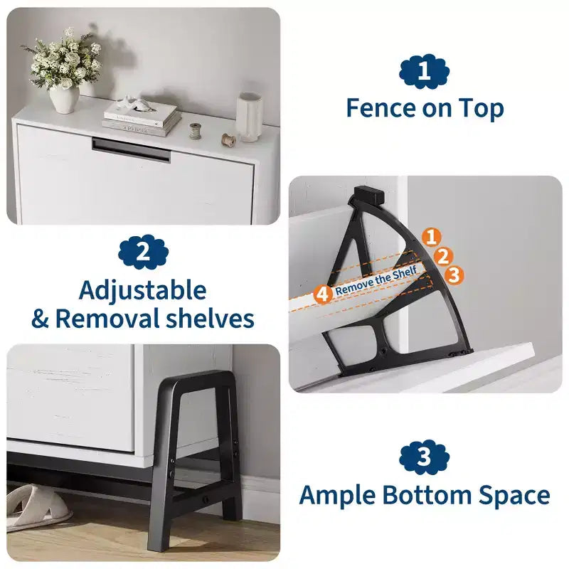 2-Drawer Flip-Down Shoe Cabinet - Hidden Storage Organizer with Adjustable Shelves for Entryway, Hallway, and Living Room
