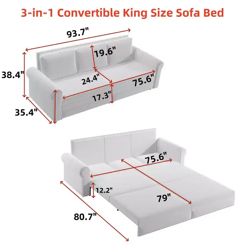 MAYEERTY 93.7 King Pull Out Sofa Bed, 3-in-1 Velvet Convertible Sleeper Sofa with Nailhead Trim and Rolled Arm Multifunctional Sofa Bed