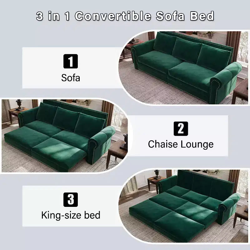 MAYEERTY 93.7 King Pull Out Sofa Bed, 3-in-1 Velvet Convertible Sleeper Sofa with Nailhead Trim and Rolled Arm Multifunctional Sofa Bed