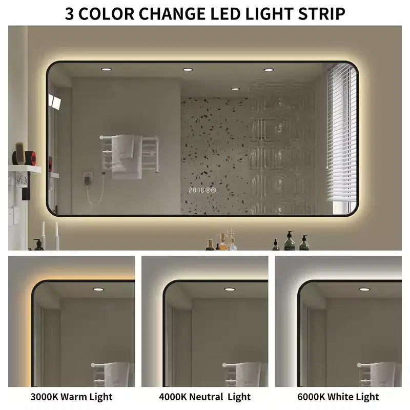 GDFStudio Mirae 48 Modern Anti-Fog LED Bathroom Mirror with Rounded Corners & Adjustable Light Modes