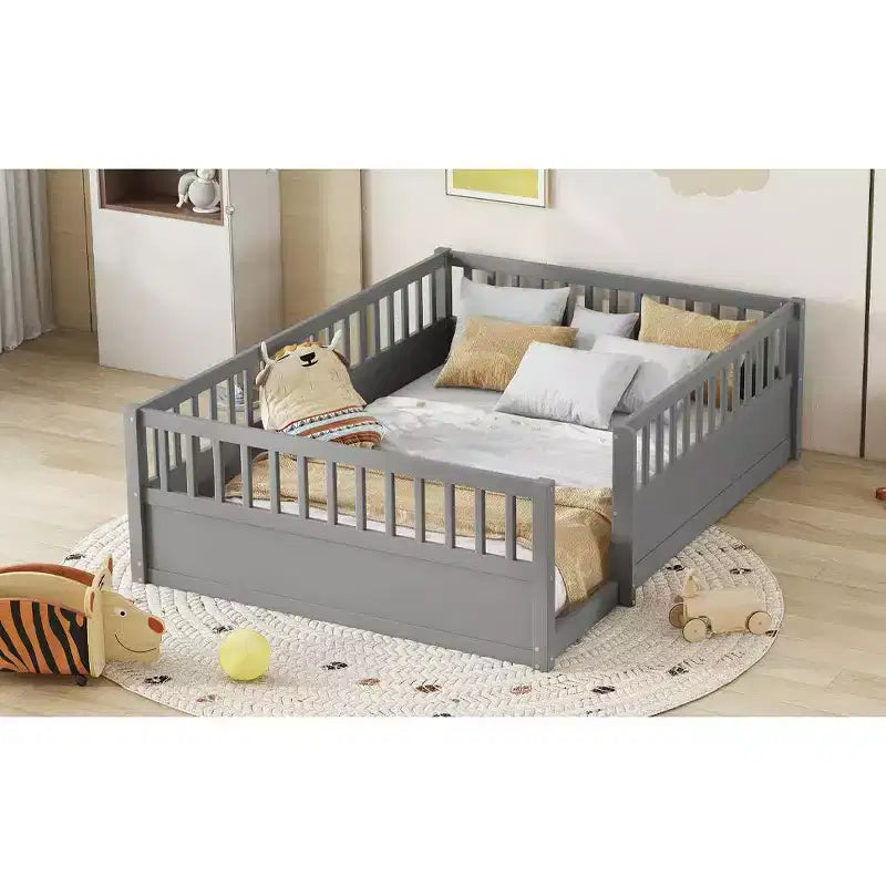 Bellemave Kids Floor Bed with Fence and Door, Solid Pine Wood Montessori Play Bed for Toddlers, Low Design for Safety & Independence