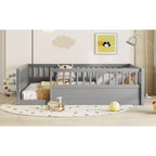 Bellemave Kids Floor Bed with Fence and Door, Solid Pine Wood Montessori Play Bed for Toddlers, Low Design for Safety & Independence